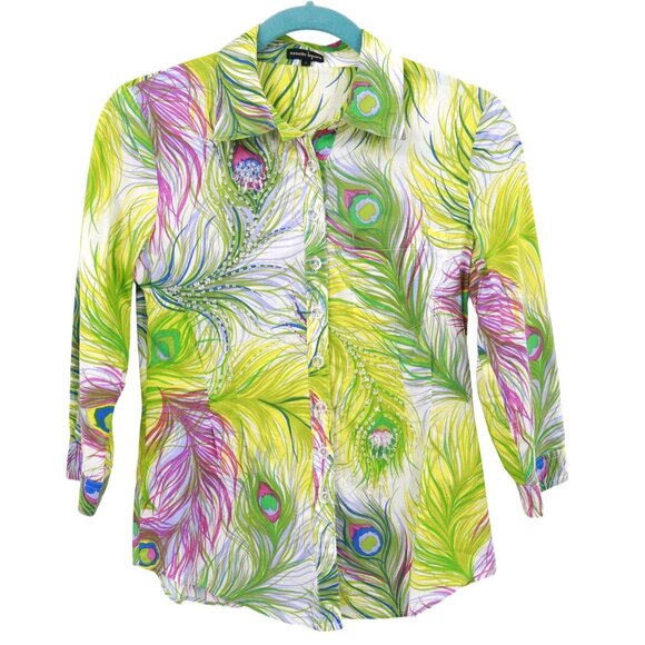 Nanette Lepore Peacock Print Top Women 2 White Boho Unique Artsy Creative Whimsy - Picture 1 of 16